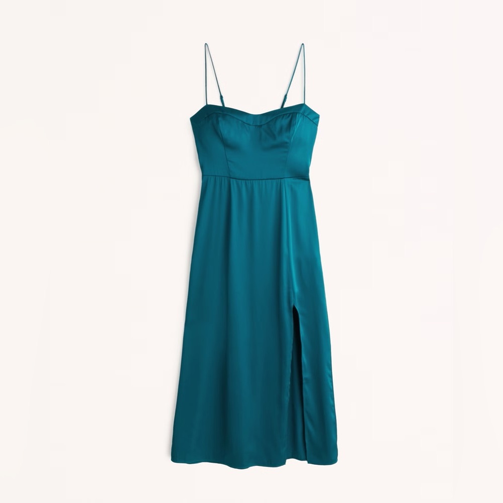 A&F satin high slit midi dress spaghetti strap Camille M party holiday teal